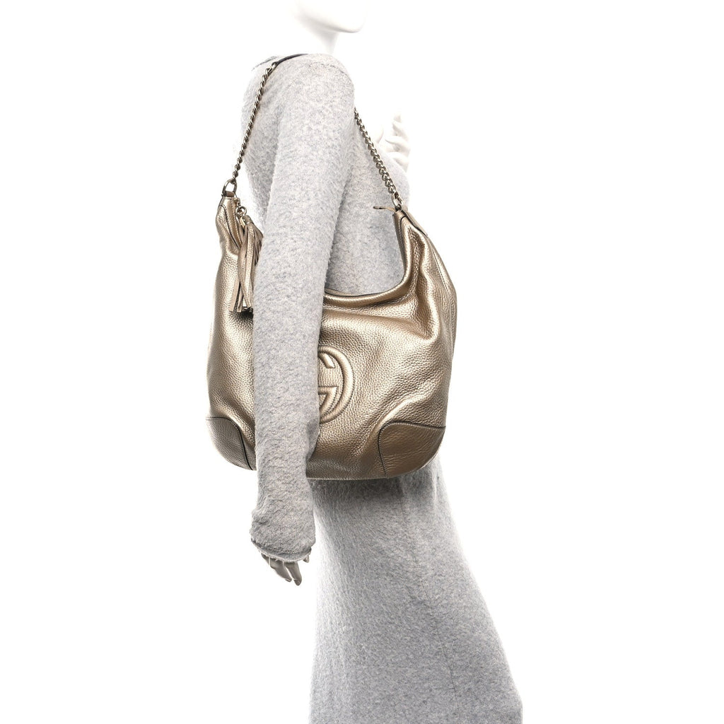 Gucci Metallic Pebbled Calfskin Medium Soho Chain Hobo Golden Beige