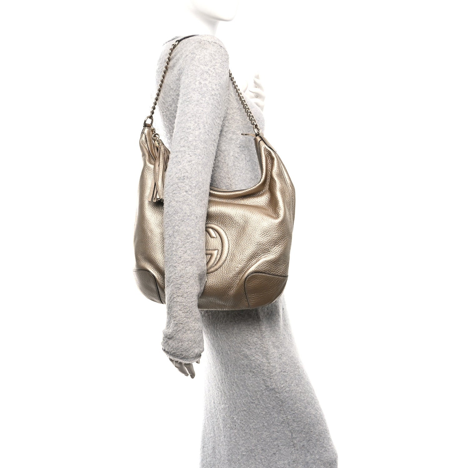 Gucci Metallic Pebbled Calfskin Medium Soho Chain Hobo Golden Beige
