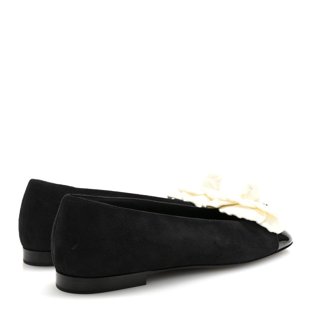 Chanel Suede Patent Cap Toe Camellia Ballerina Flats 39.5 Black White