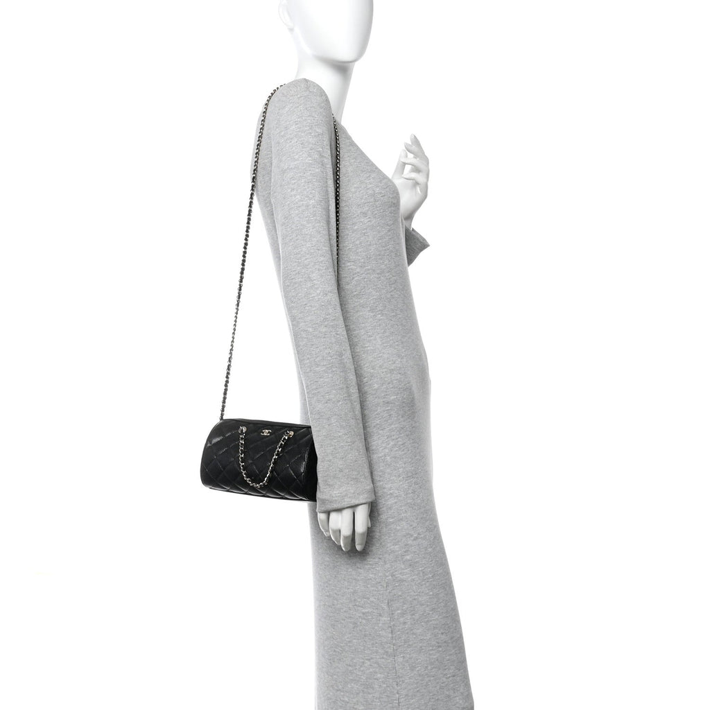 Chanel Caviar Quilted Barrel Clutch With Chain  Black