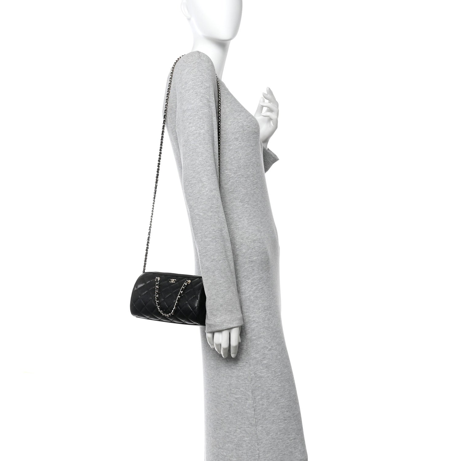 Chanel Caviar Quilted Barrel Clutch With Chain  Black