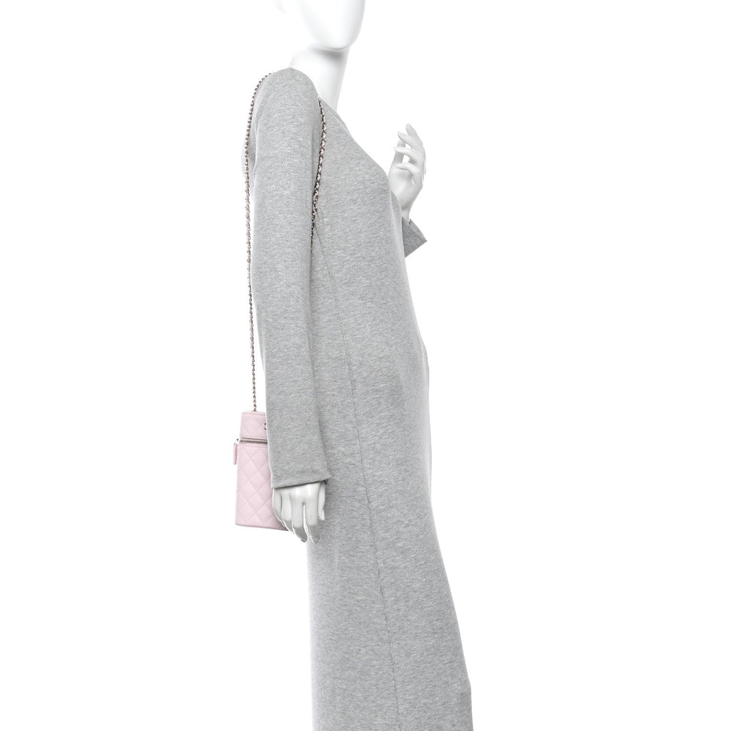 Caviar Quilted Phone Holder With Chain Light Pink