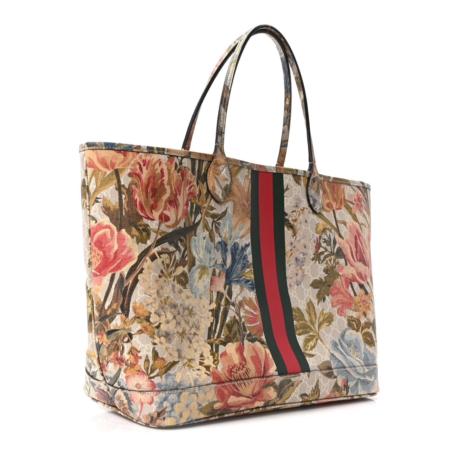 Gucci GG Supreme Monogram Water Flora Web Large Ophidia Tote Beige White Multicolor