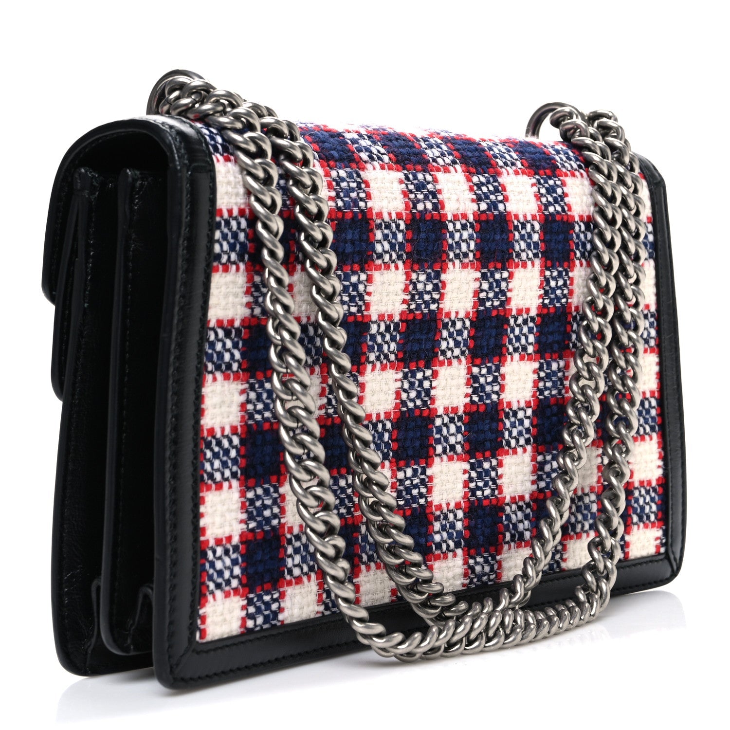 Gucci Vintage Tweed Check Small Dionysus Shoulder Bag White Hibiscus Red Marine