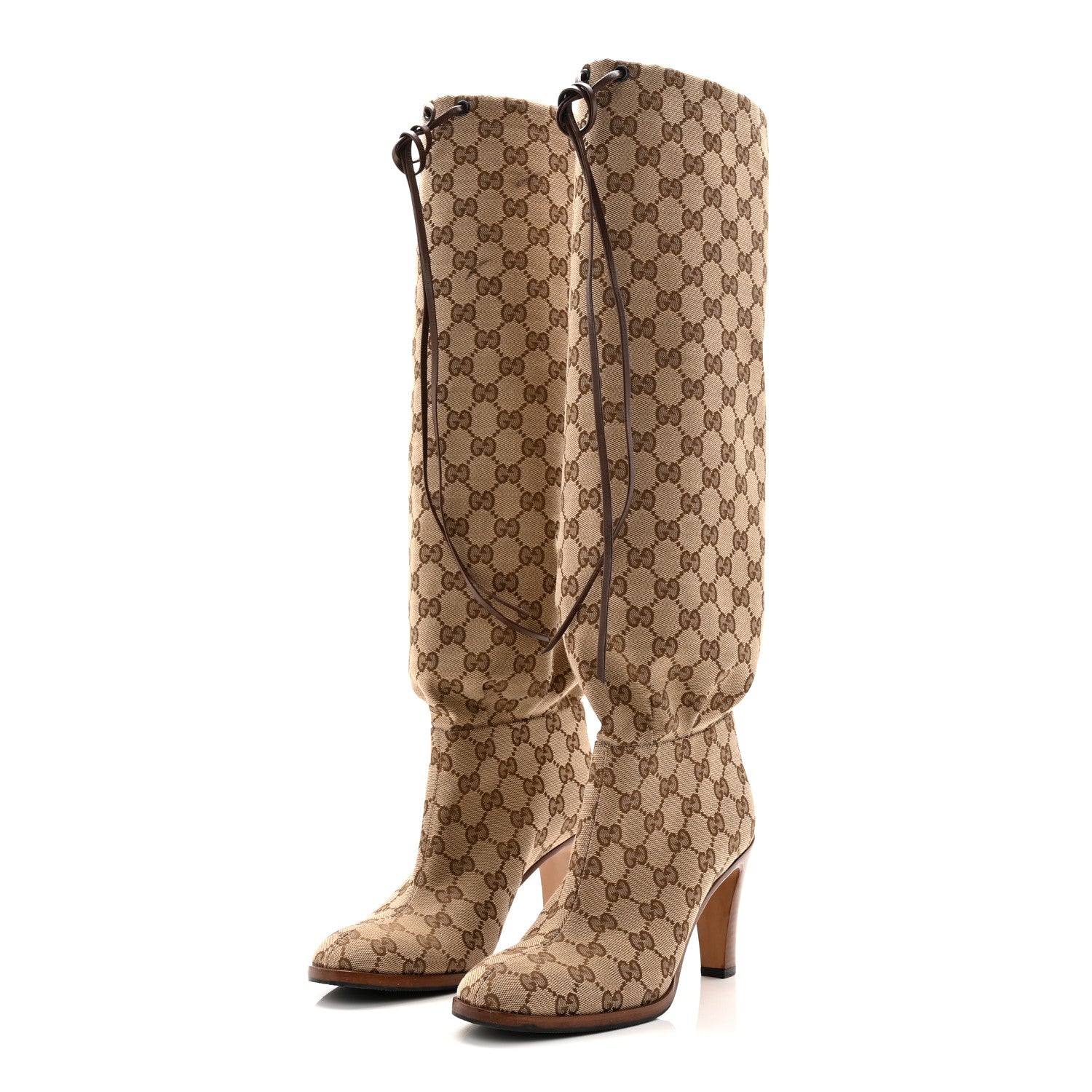 Gucci Monogram Malaga Kid Lisa Mid Heel Boots 37.5 Beige Ebony