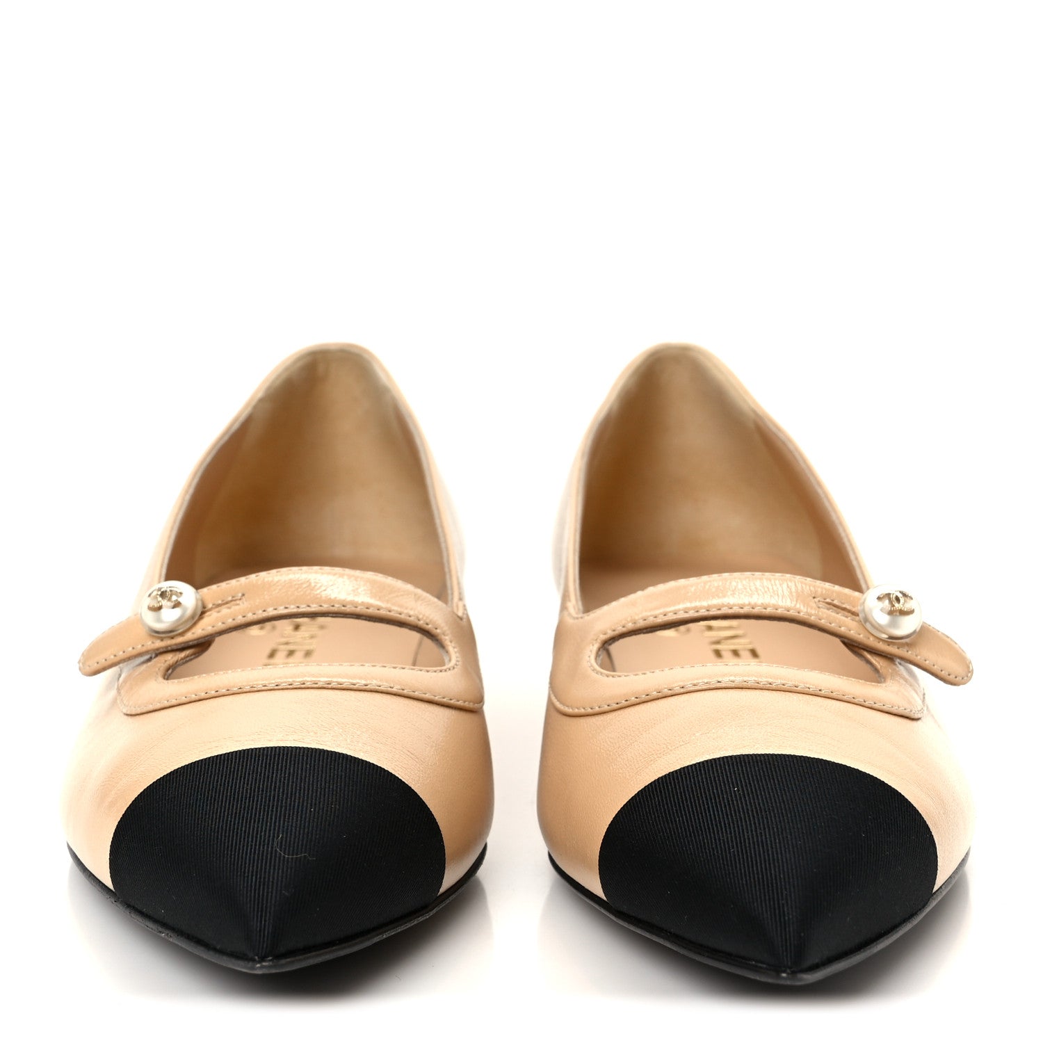 Chanel Shiny Lambskin Grosgrain Pointed Toe CC Ballet Flats 37.5 Beige Black