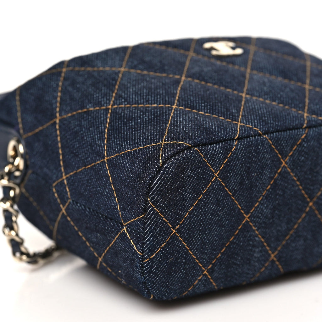 Chanel Denim Quilted Hobo Clutch With Chain Dark Blue Orange