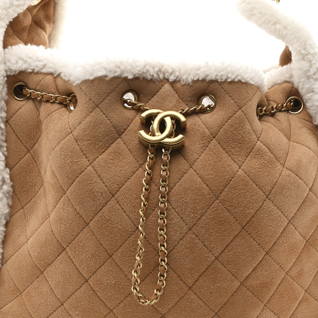 Chanel Suede Shearling Quilted Medium Chanel 25 Handbag Beige Natural