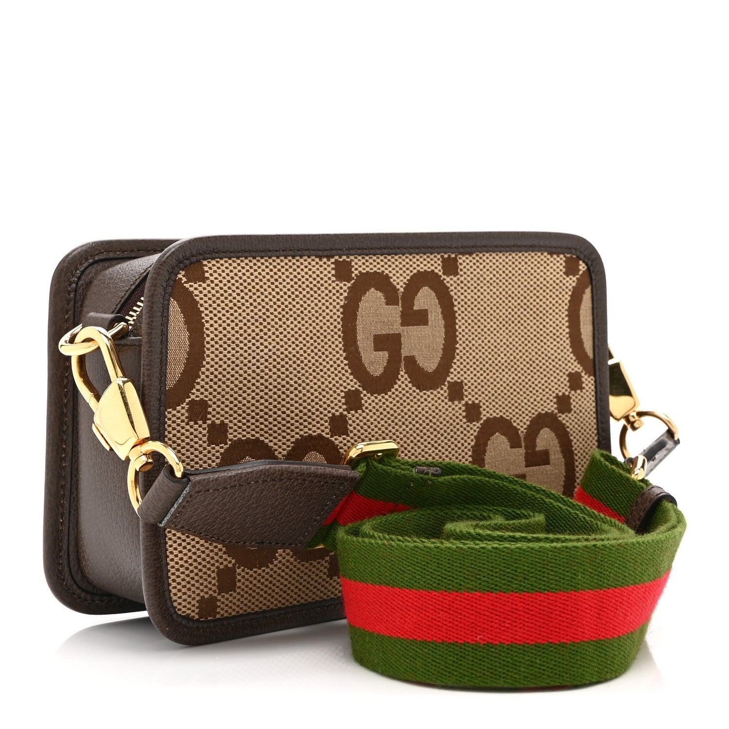 Gucci Monogram Jumbo GG Textured Dollar Calfskin Web Mini Crossbody Bag Camel Ebony New Acero