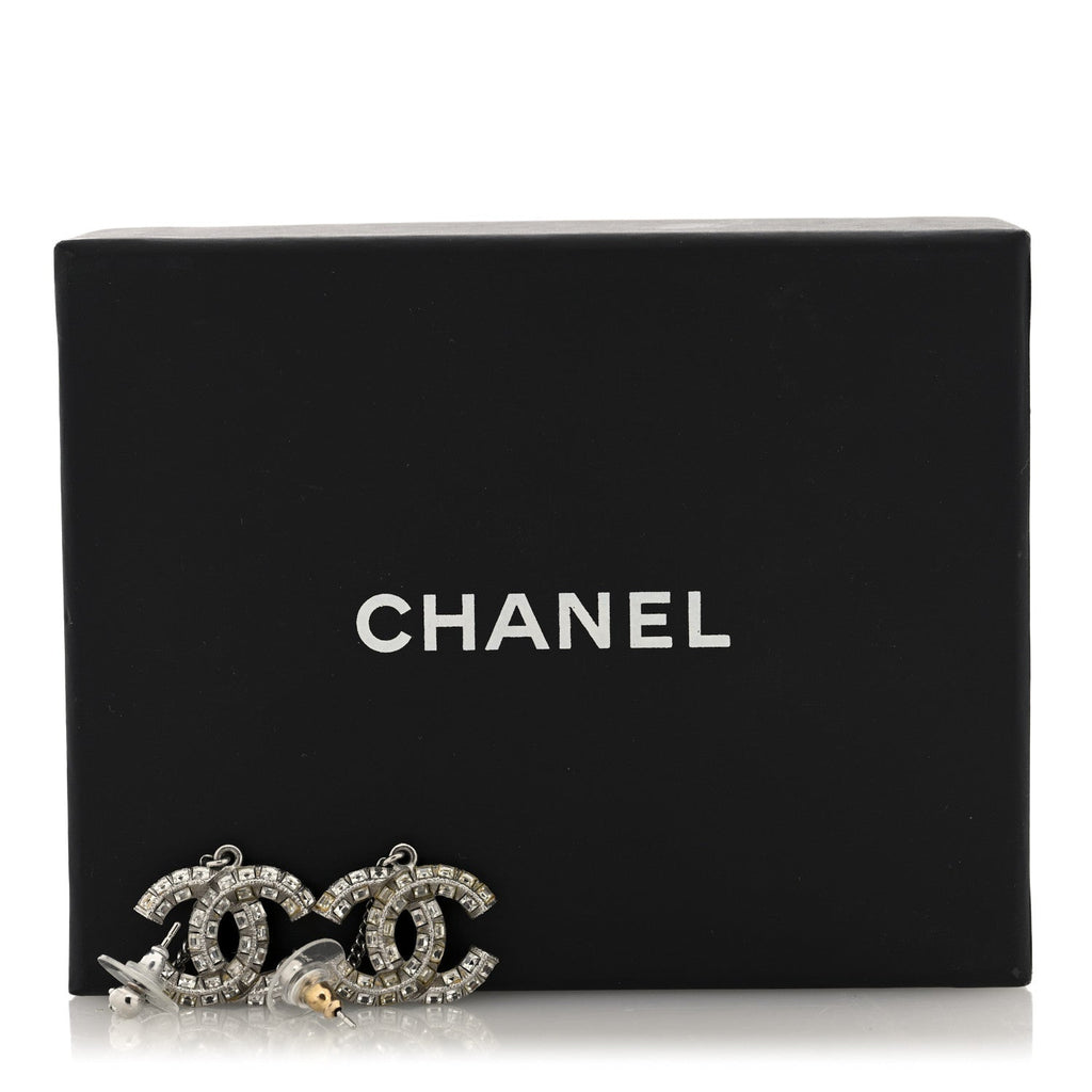 Baguette Crystal CC Drop Earrings Silver