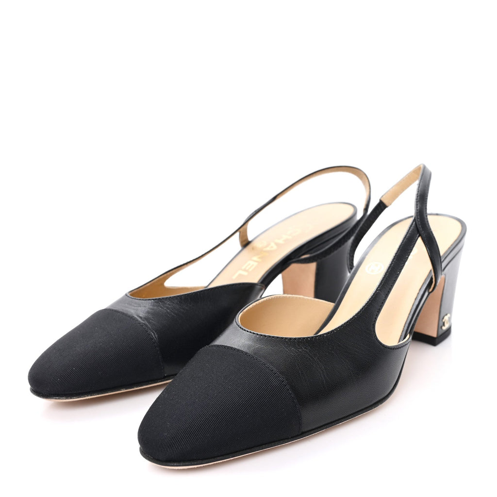 Goatskin Grosgrain Cap Toe CC Slingback Pumps 36 Black