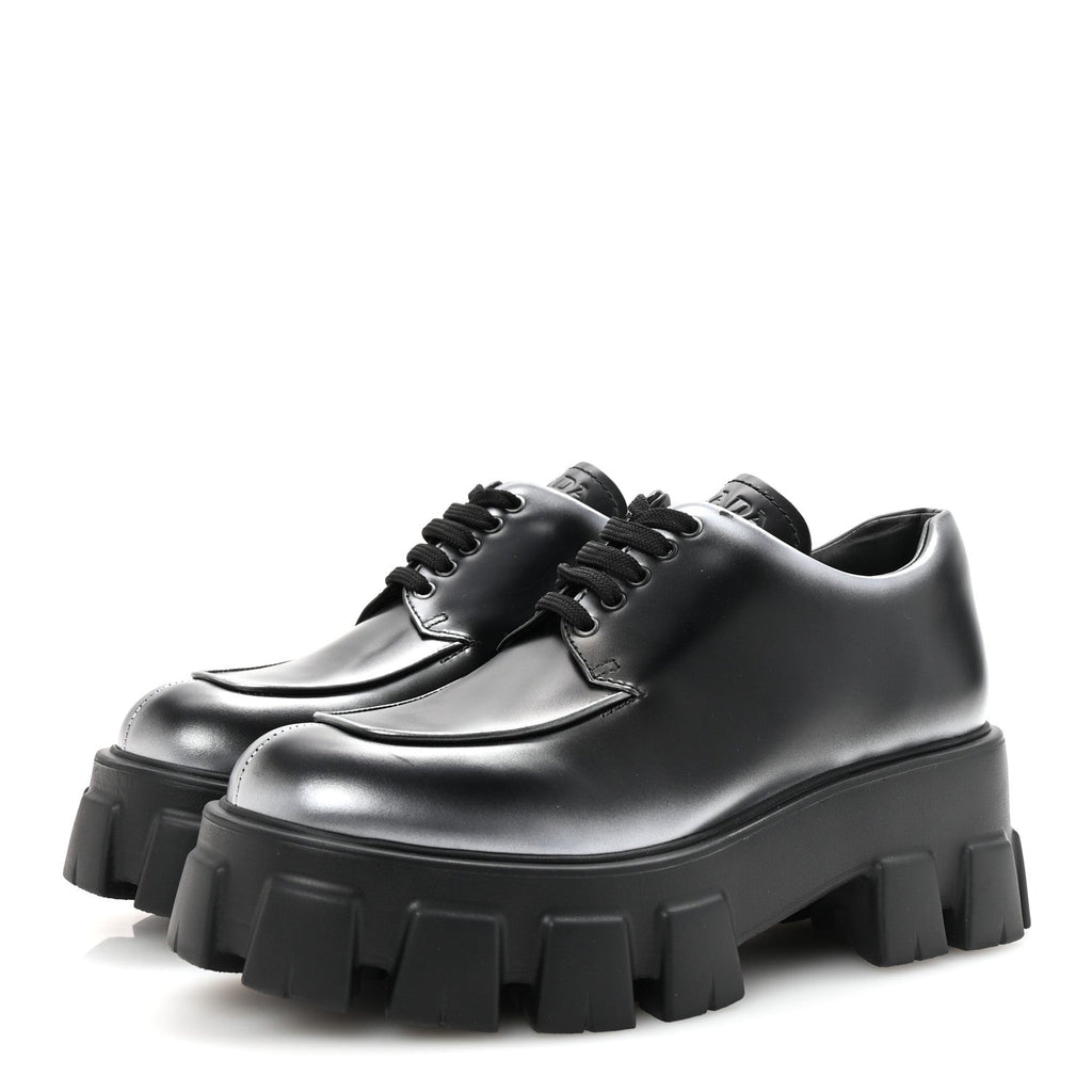 Prada Spazzolato Rois Sfumato Monolith 55mm Derby Loafers 38.5 Black Argento