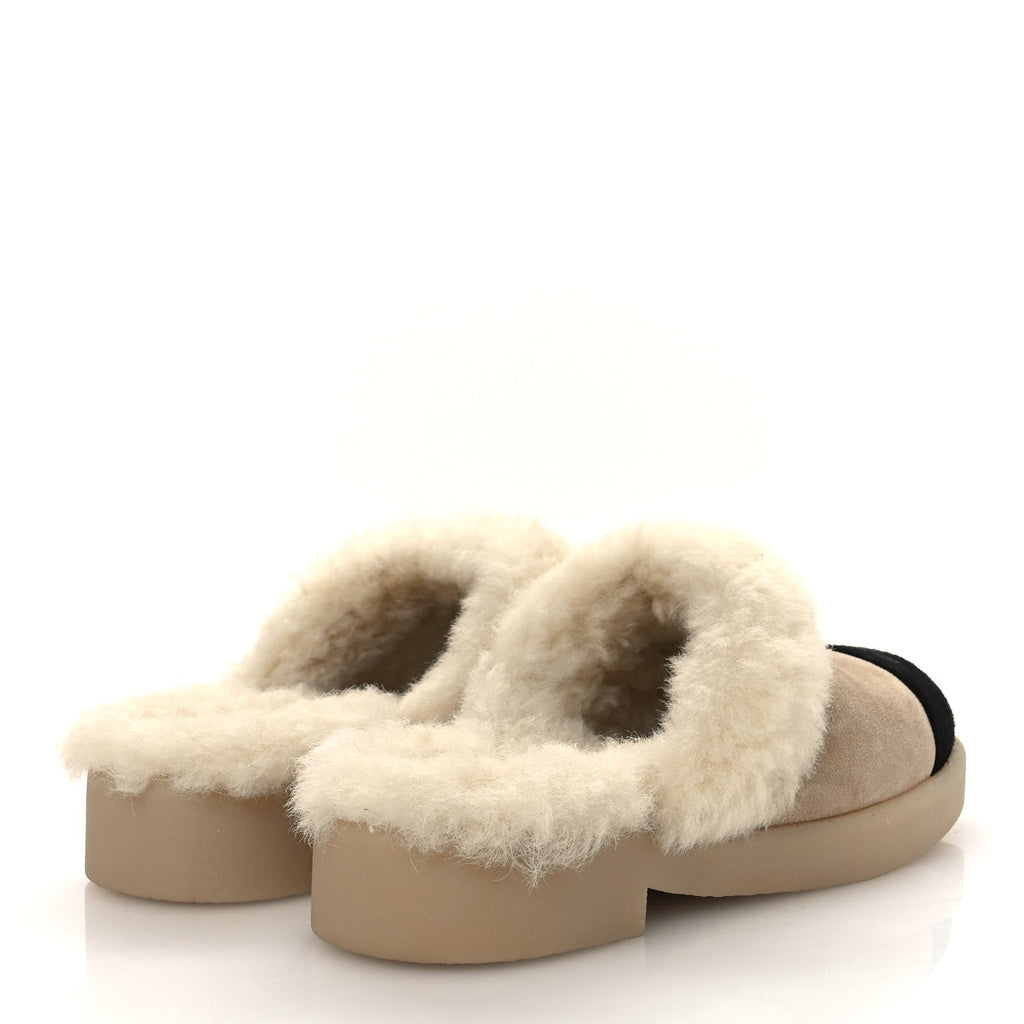 Chanel Suede Shearling CC Cap Toe Mules 38.5 Beige Black