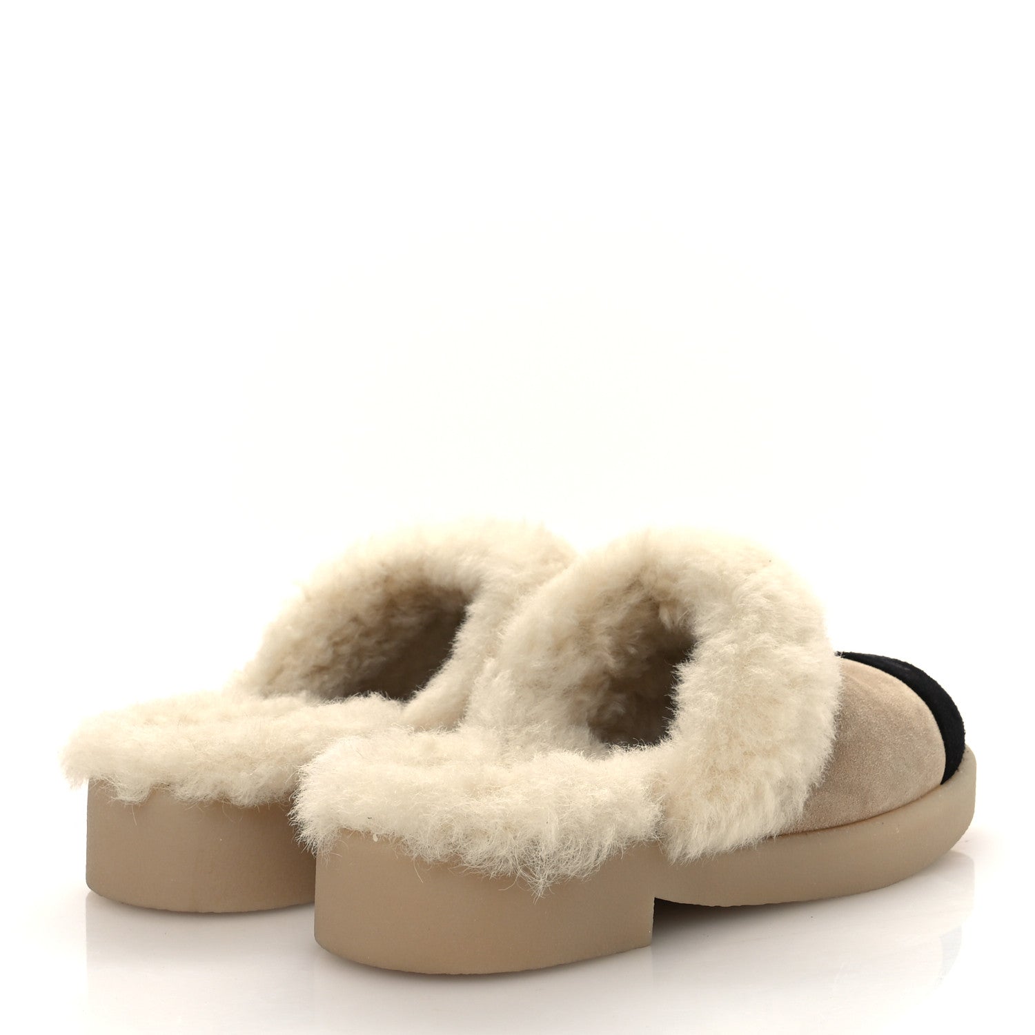 Chanel Suede Shearling CC Cap Toe Mules 38.5 Beige Black