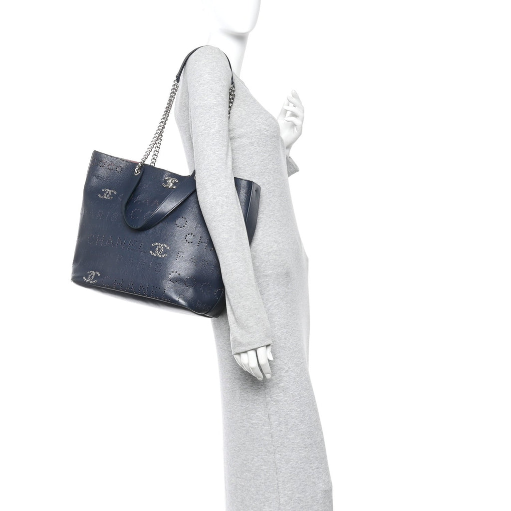 Chanel Calfskin Tweed Small Logo Eyelets Shopping Tote Navy Blue