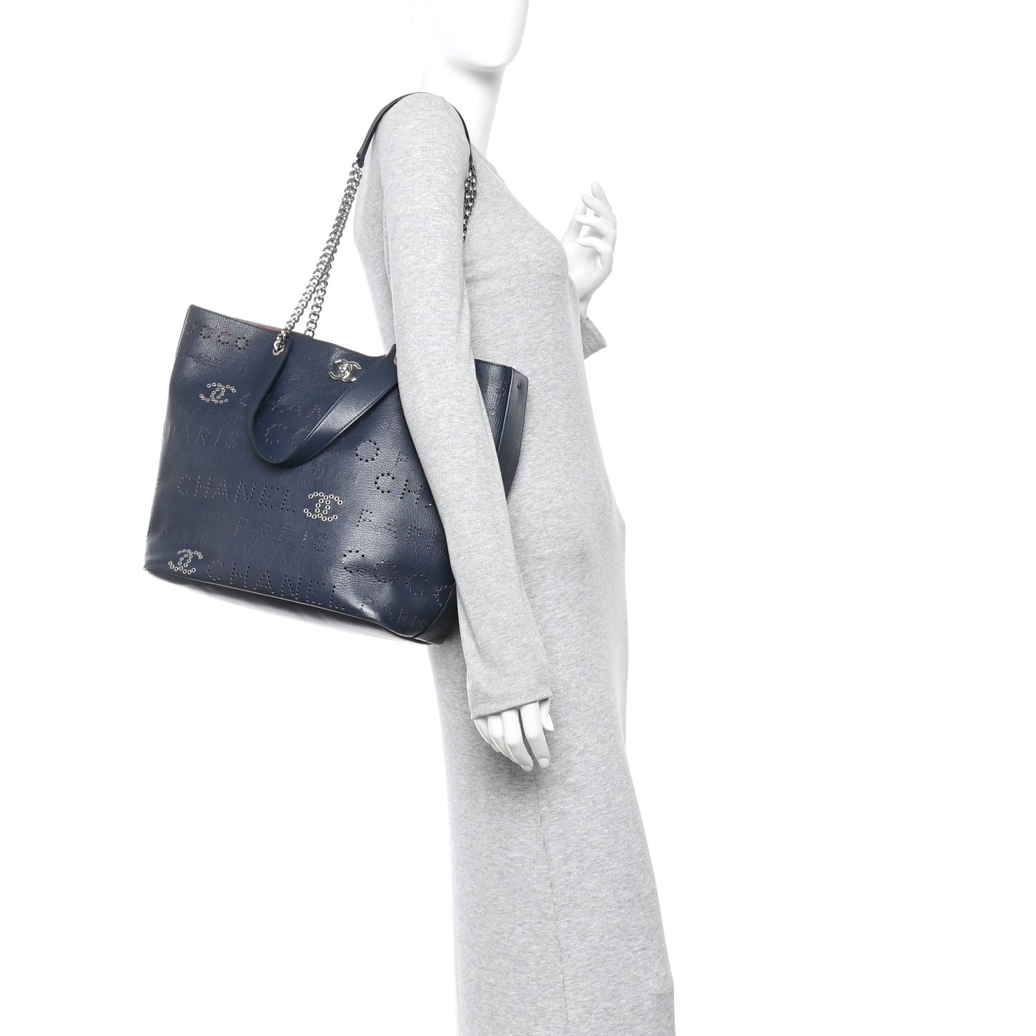 Chanel Calfskin Tweed Small Logo Eyelets Shopping Tote Navy Blue