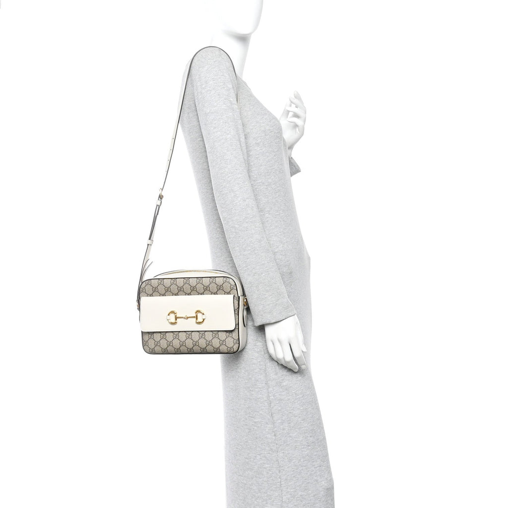Gucci GG Supreme Monogram Small Horsebit 1955 Shoulder Bag Beige Mystic White