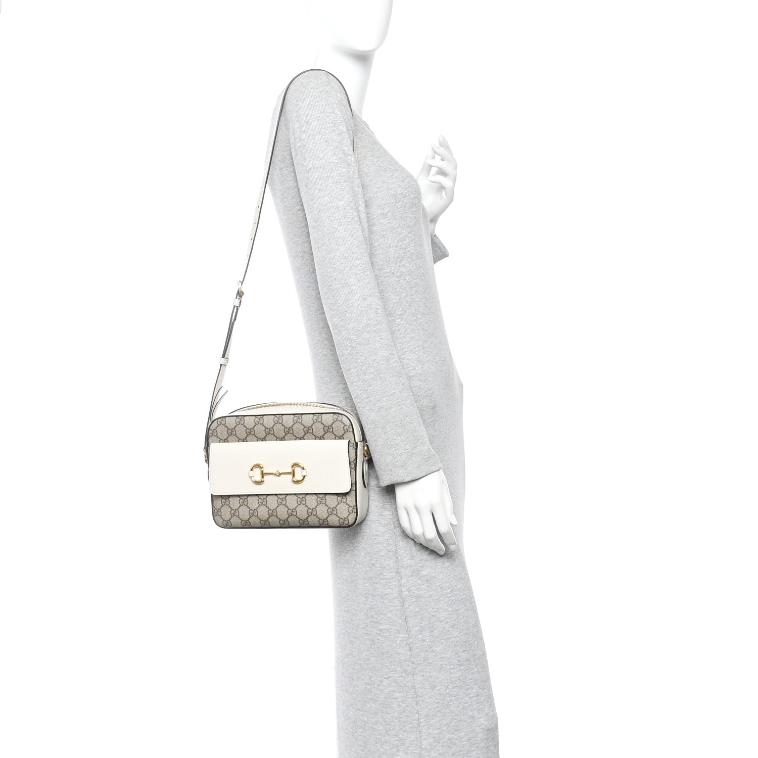 Gucci GG Supreme Monogram Small Horsebit 1955 Shoulder Bag Beige Mystic White