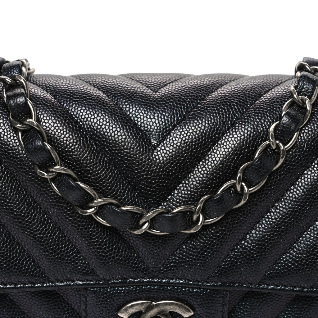 Chanel Metallic Caviar Chevron Quilted Mini Rectangular Flap Black