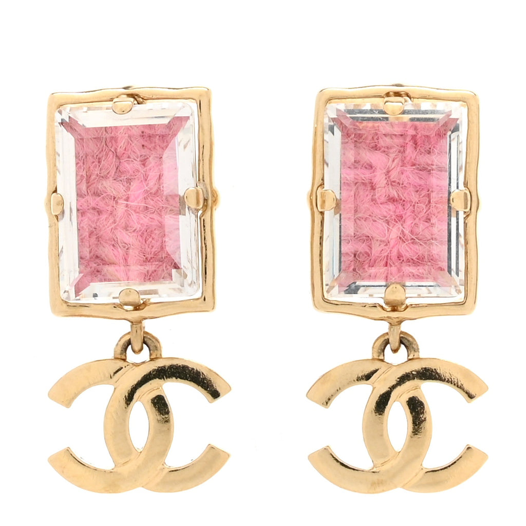 Crystal Tweed CC Drop Earrings Pink Gold