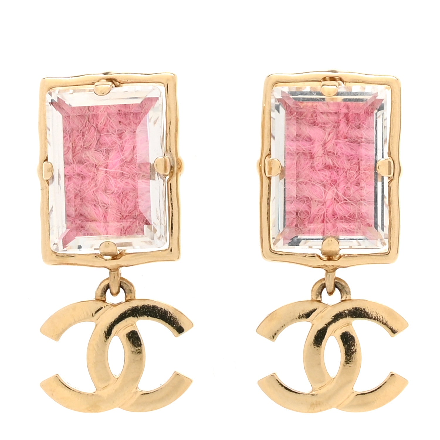 Crystal Tweed CC Drop Earrings Pink Gold