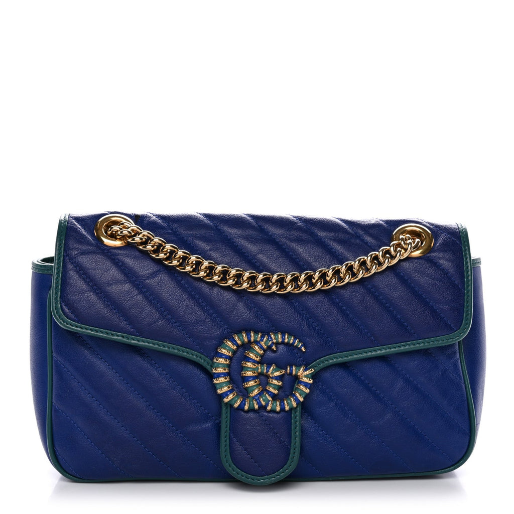 Gucci Azalea Calfskin Enamel Matelasse Diagonal Small Torchon GG Marmont Shoulder Bag Imperial Blue Pavone