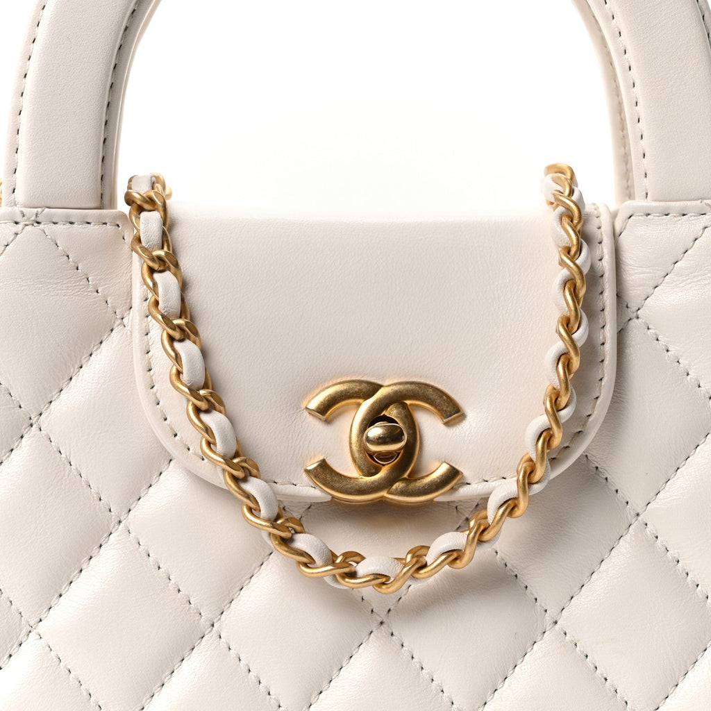 Chanel Shiny Aged Calfskin Quilted Nano Kelly Shopper White