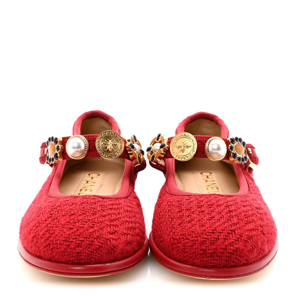 Chanel Wool Tweed Patent Mary Jane Flats 36 Red