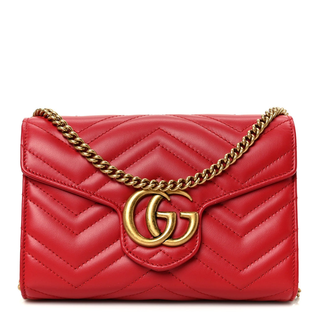 Gucci Calfskin Matelasse GG Marmont Chain Wallet Hibiscus Red