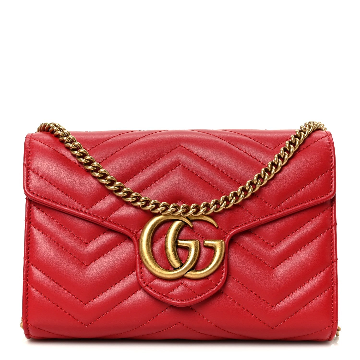 Gucci Calfskin Matelasse GG Marmont Chain Wallet Hibiscus Red