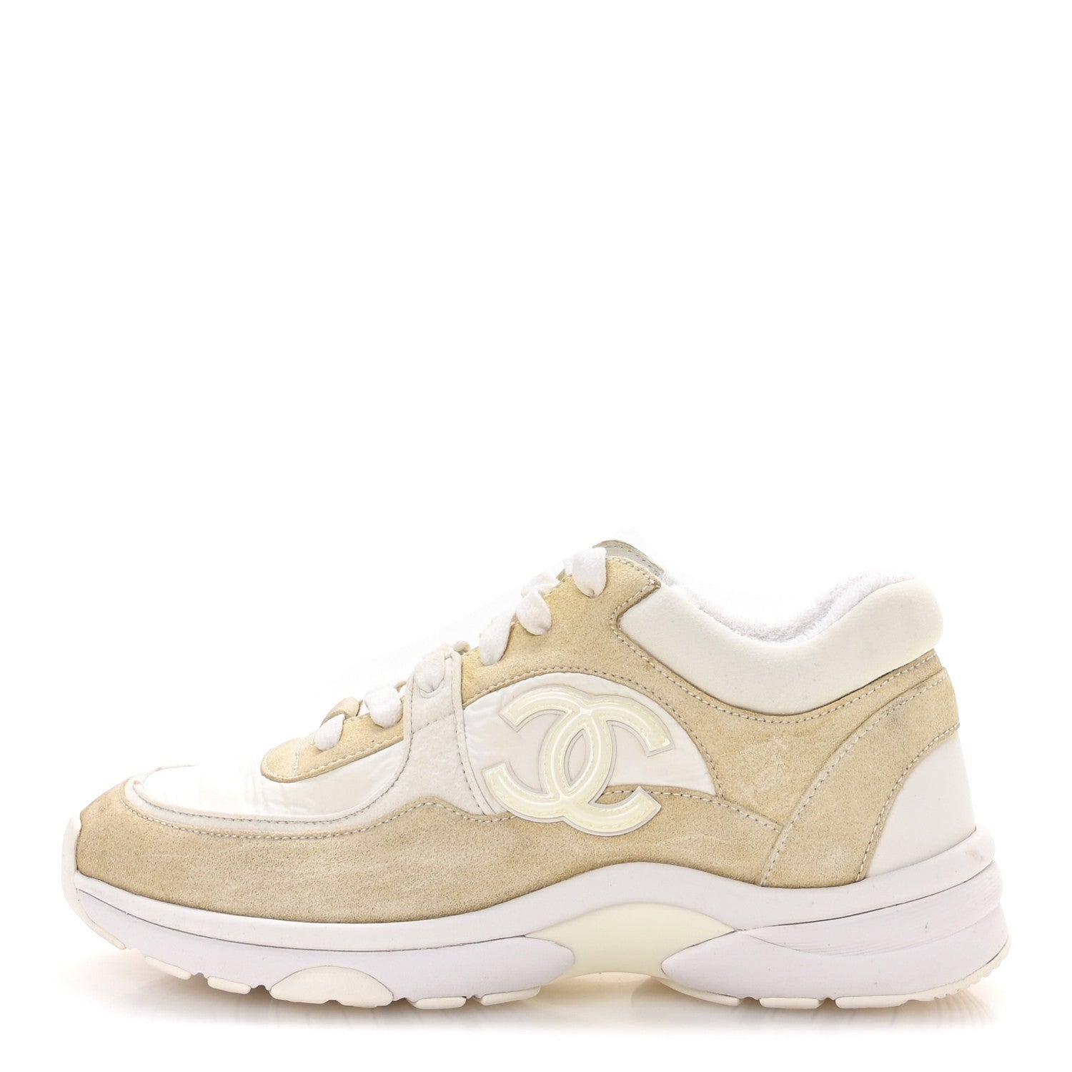 Chanel Suede Calfskin Fabric CC Sneakers 37.5 White