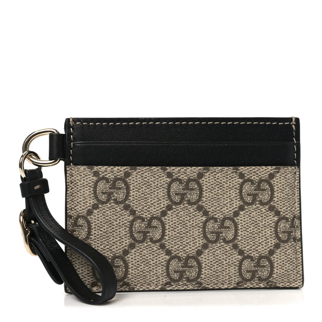 Gucci GG Supreme Monogram Calfskin Emblem Card Holder With Strap Beige Black