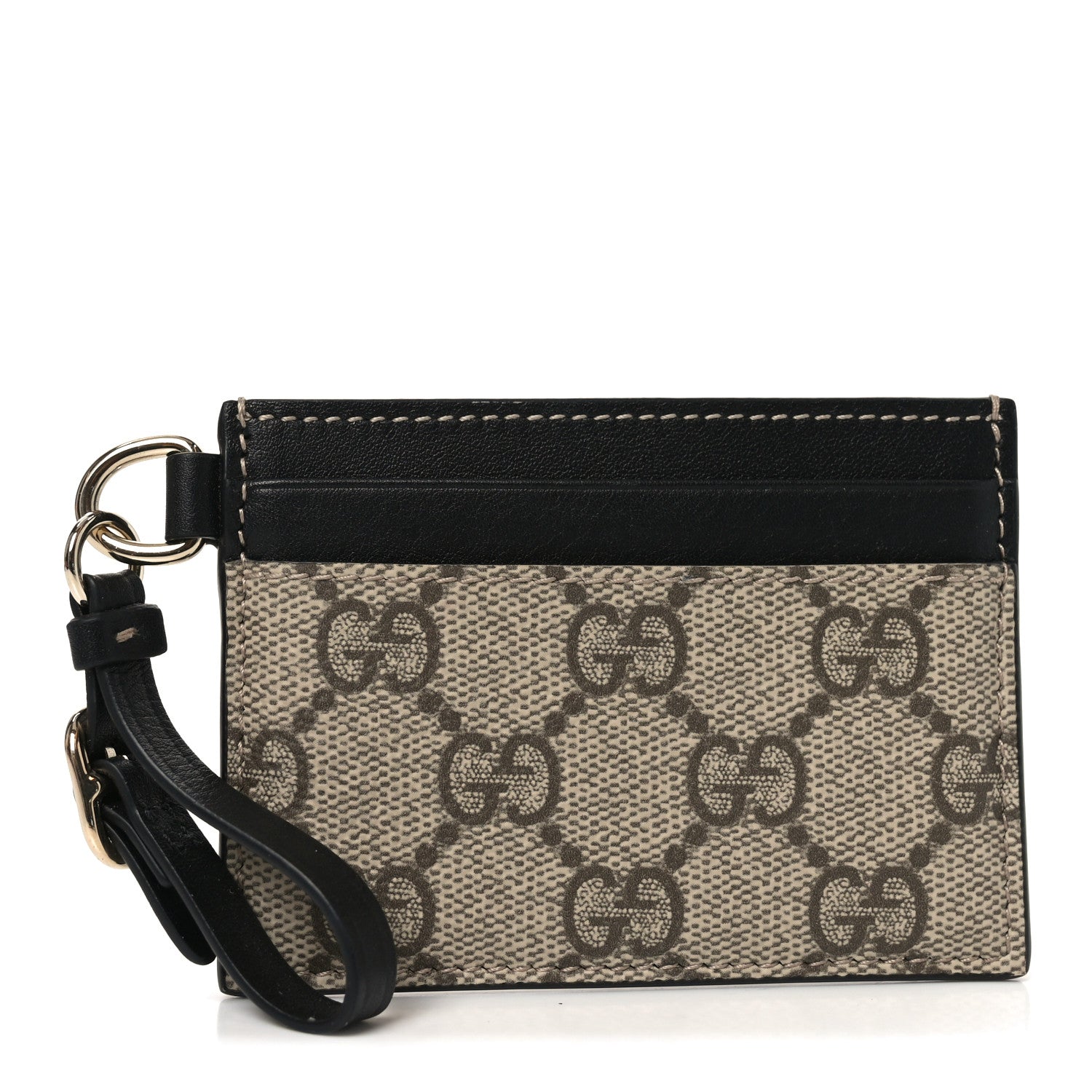 Gucci GG Supreme Monogram Calfskin Emblem Card Holder With Strap Beige Black