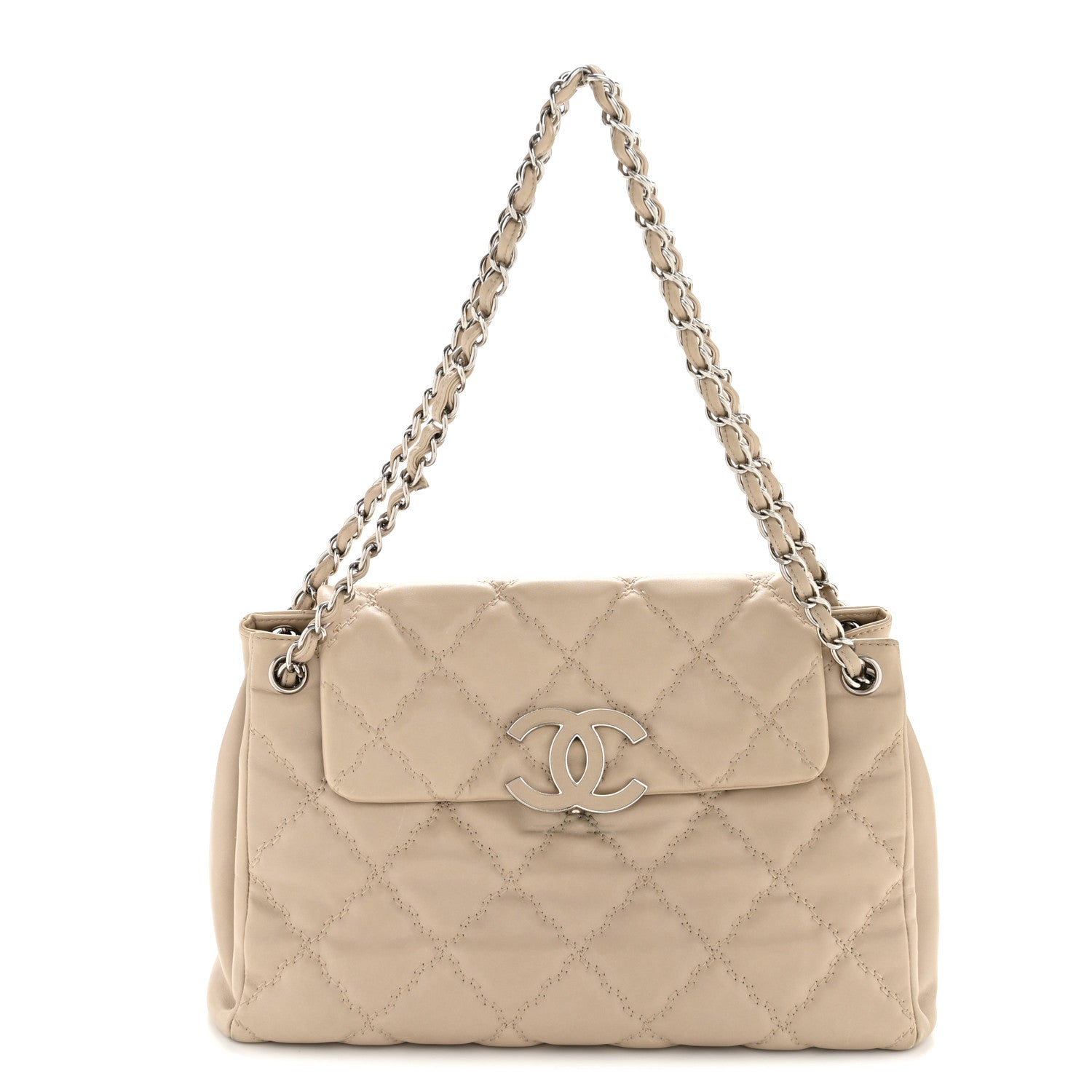Chanel Calfskin Double Stitch Large Hamptons Flap Bag Beige