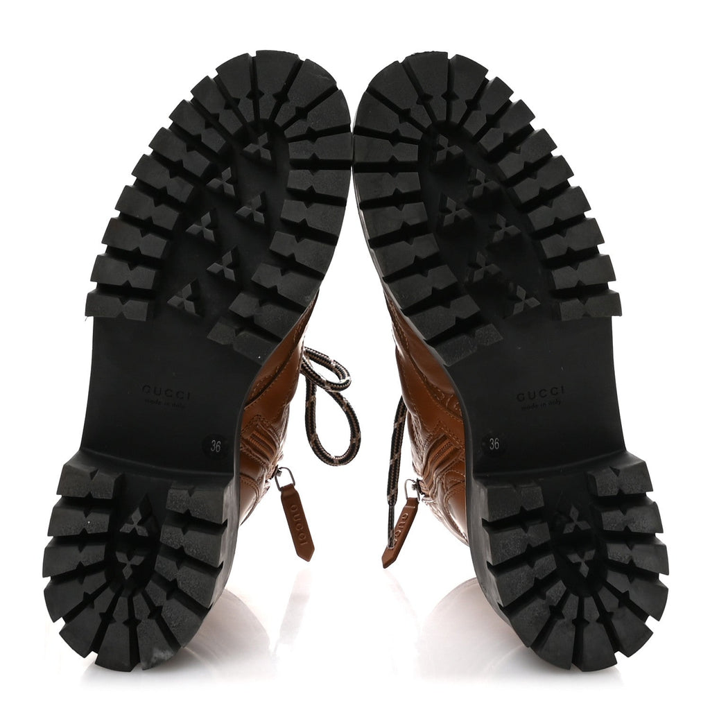 Gucci Cordovan Lux Nappa GG Matelasse Lace Up 60mm Combat Boots 36 Dark Hazel Brown