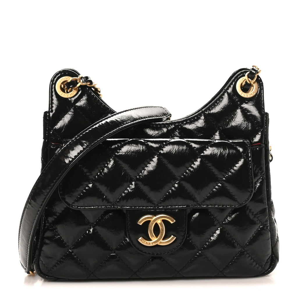 Chanel Shiny Crumpled Calfskin Quilted Small Wavy CC Hobo Black