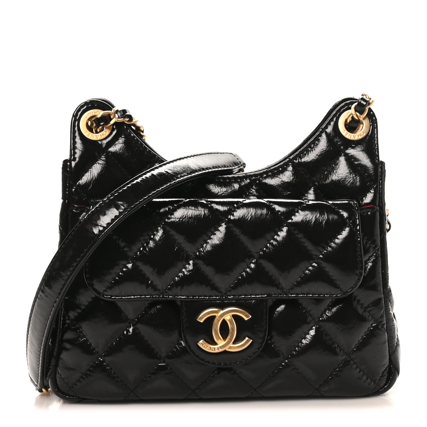 Chanel Shiny Crumpled Calfskin Quilted Small Wavy CC Hobo Black