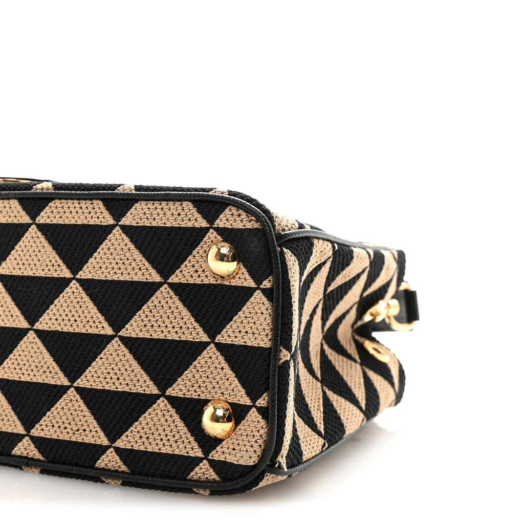 Prada Jacquard Saffiano Triangolo Symbole Embroidered Mini Galleria Double Zip Tote Black Corda