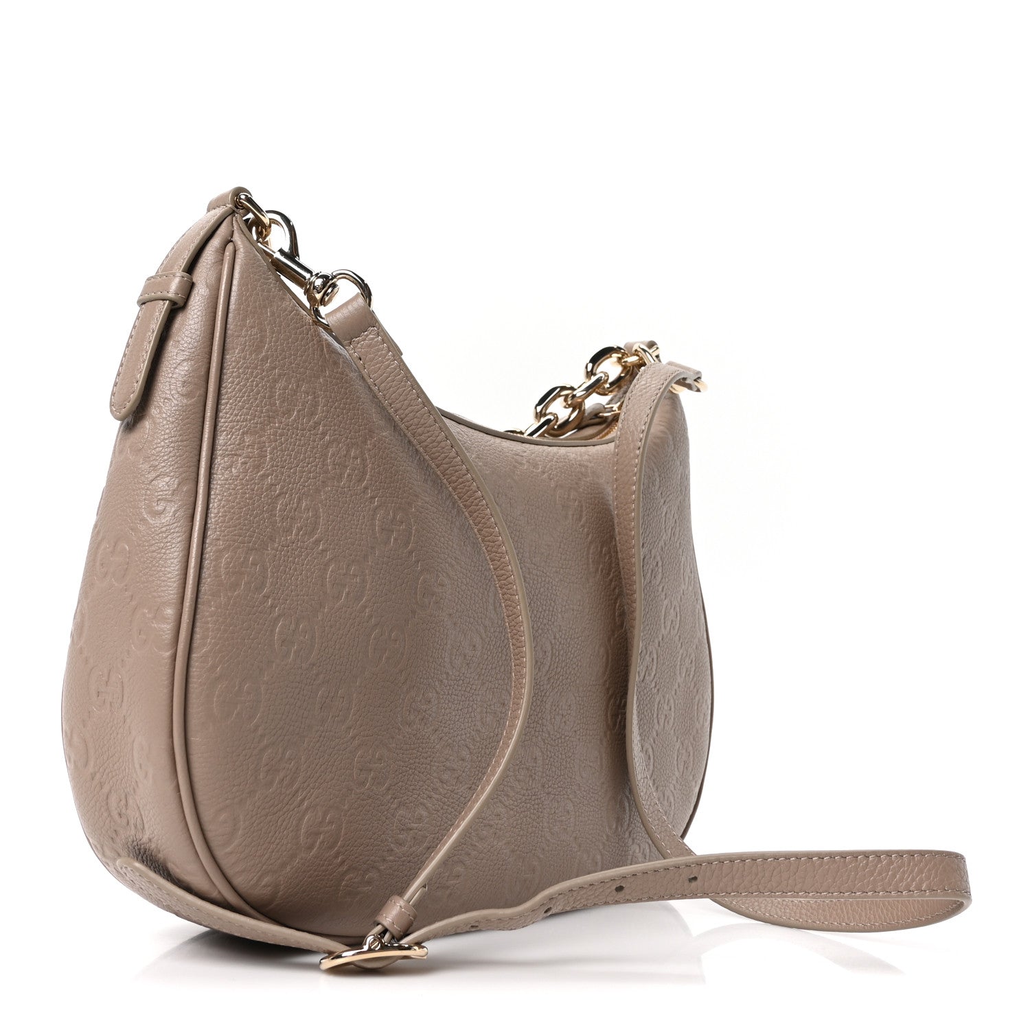 Gucci GG Grainy Calfskin Emblem Large Half Moon Shoulder Bag Taupe