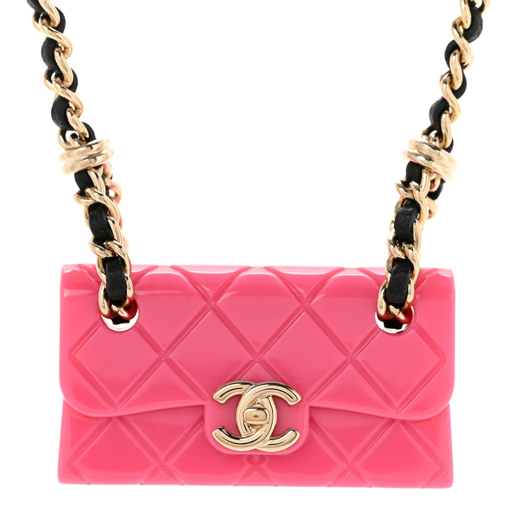 Metal Resin Lambskin Flap Bag Long Necklace Golden Pink Black