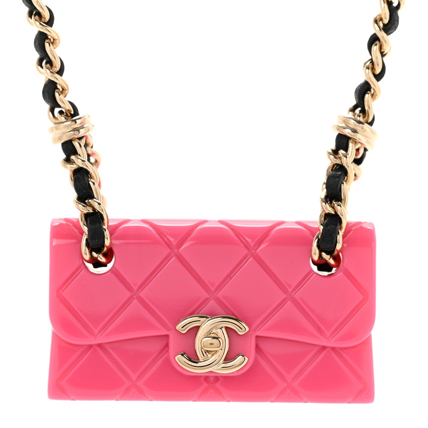 Metal Resin Lambskin Flap Bag Long Necklace Golden Pink Black
