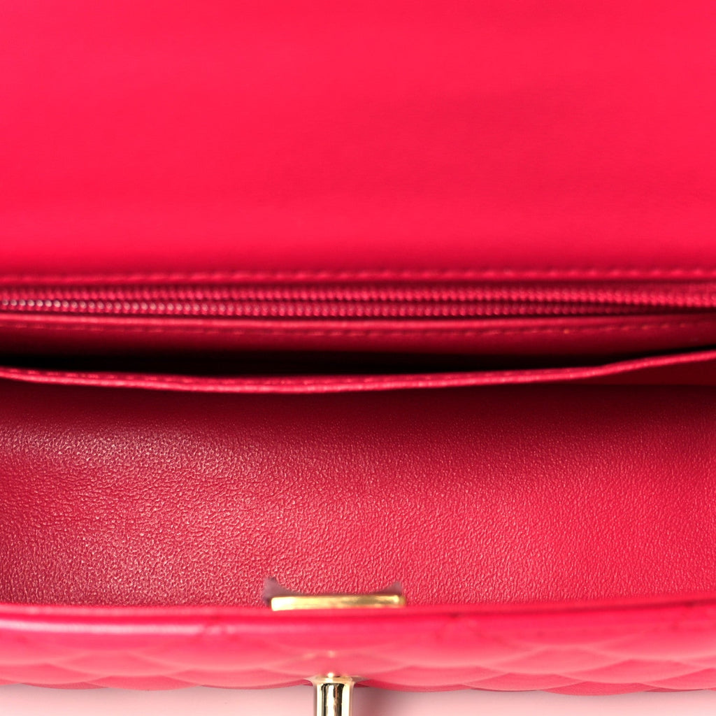 Chanel Lambskin Quilted Mini Top Handle Rectangular Flap Fuchsia