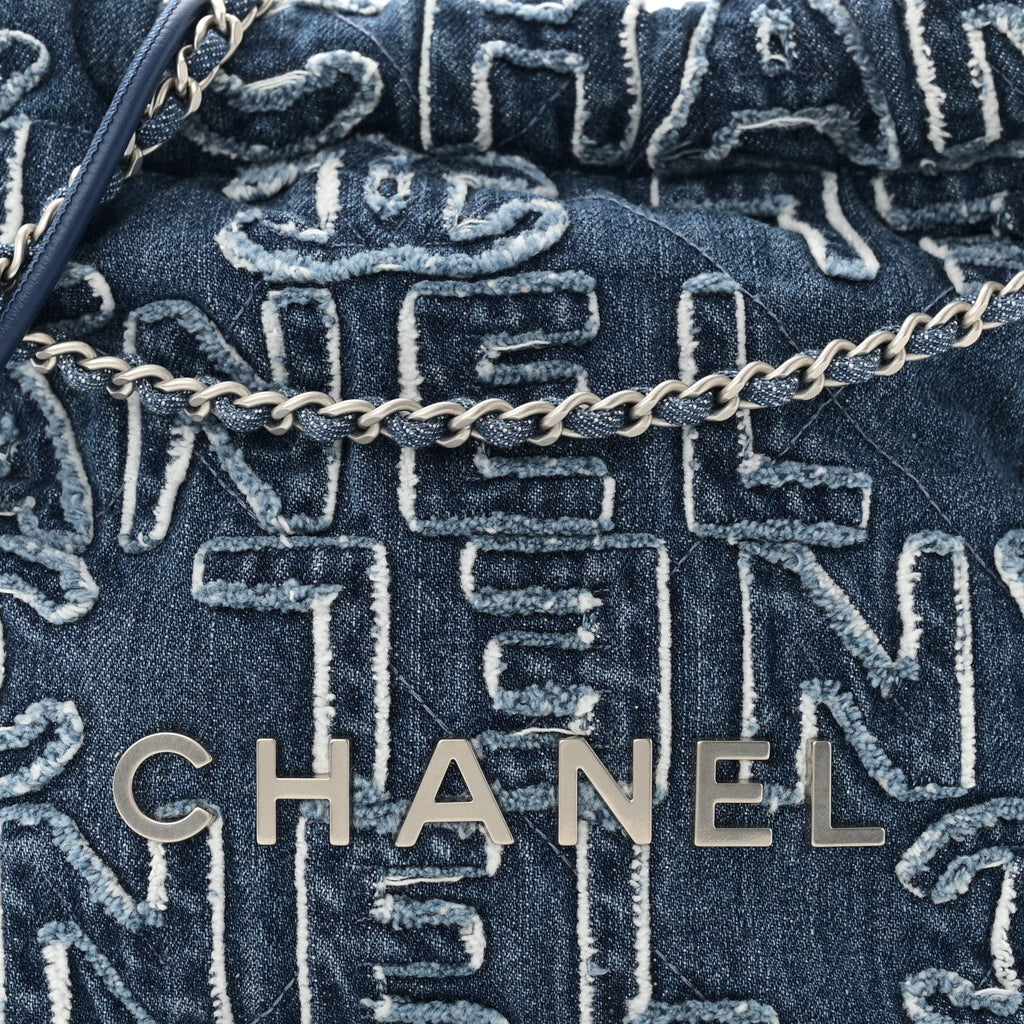 Chanel Washed Denim Logo Embroidered Mini Chanel 22 Blue
