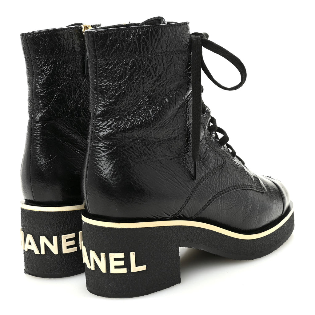 Chanel Shiny Crumpled Lambskin Lace Up Combat Boots 37 Black