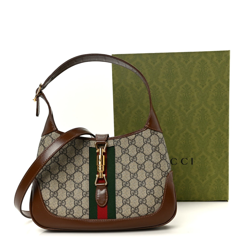 Gucci GG Supreme Monogram Azalea Calfskin Web Small Jackie 1961 Hobo Beige Ebony Brown Sugar