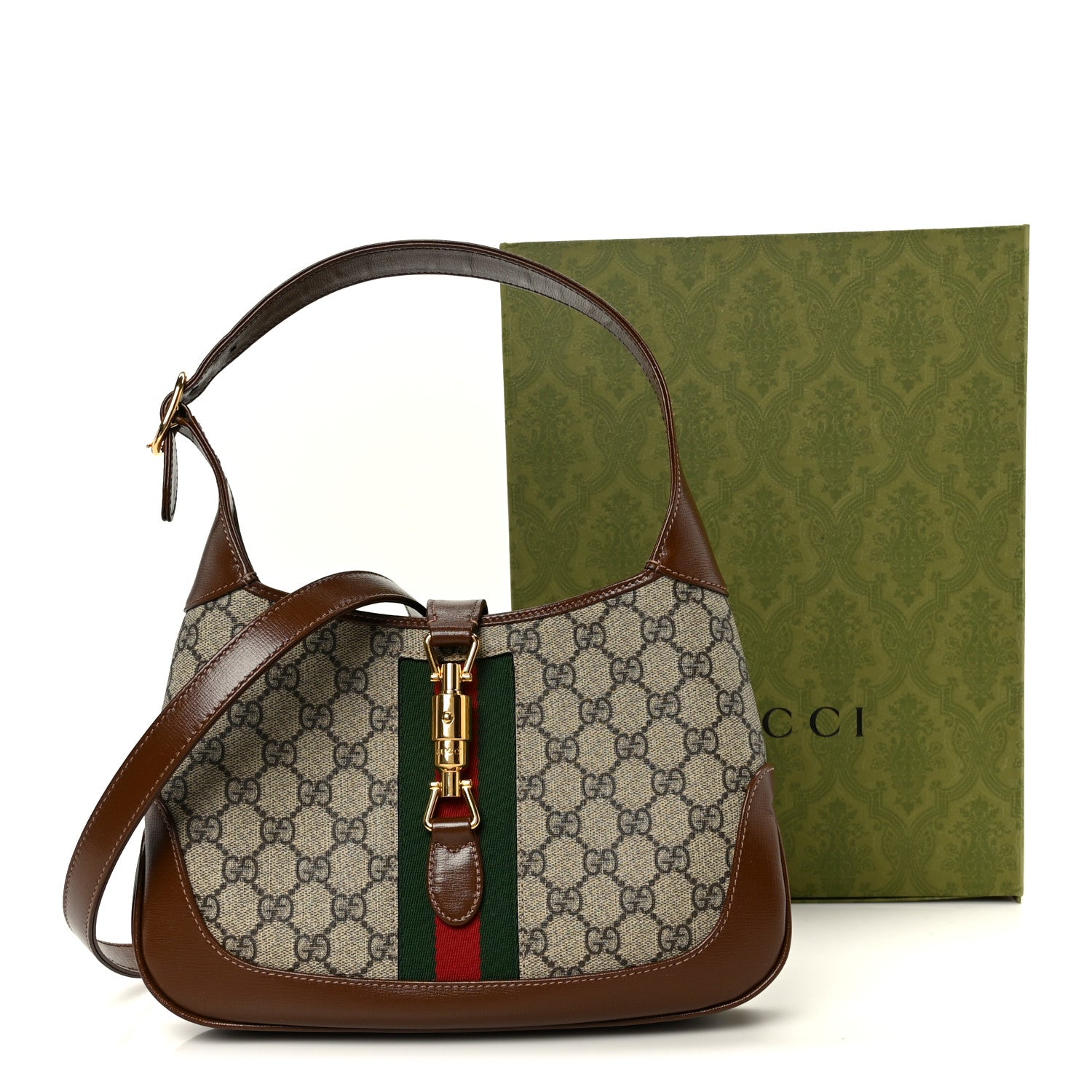 Gucci GG Supreme Monogram Azalea Calfskin Web Small Jackie 1961 Hobo Beige Ebony Brown Sugar