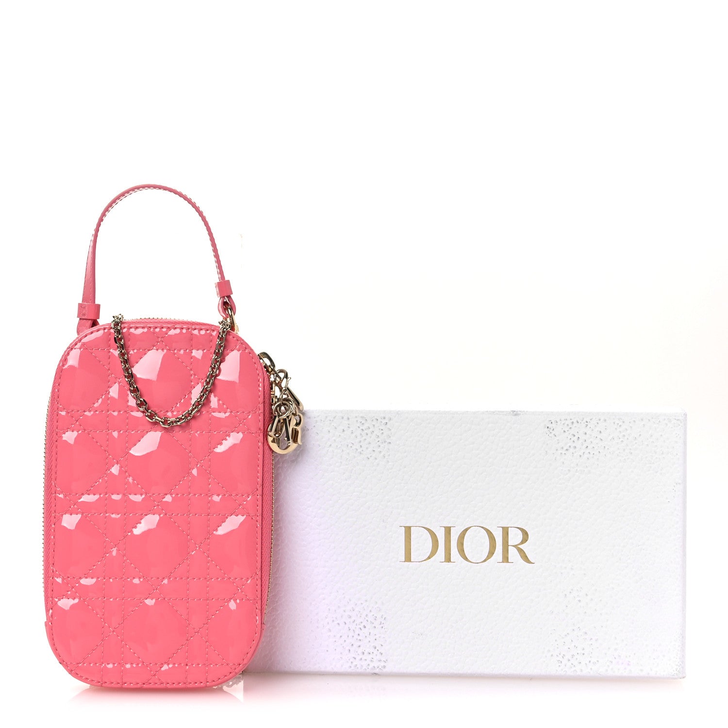 Christian Dior Patent Cannage Lady Dior Phone Holder Pink
