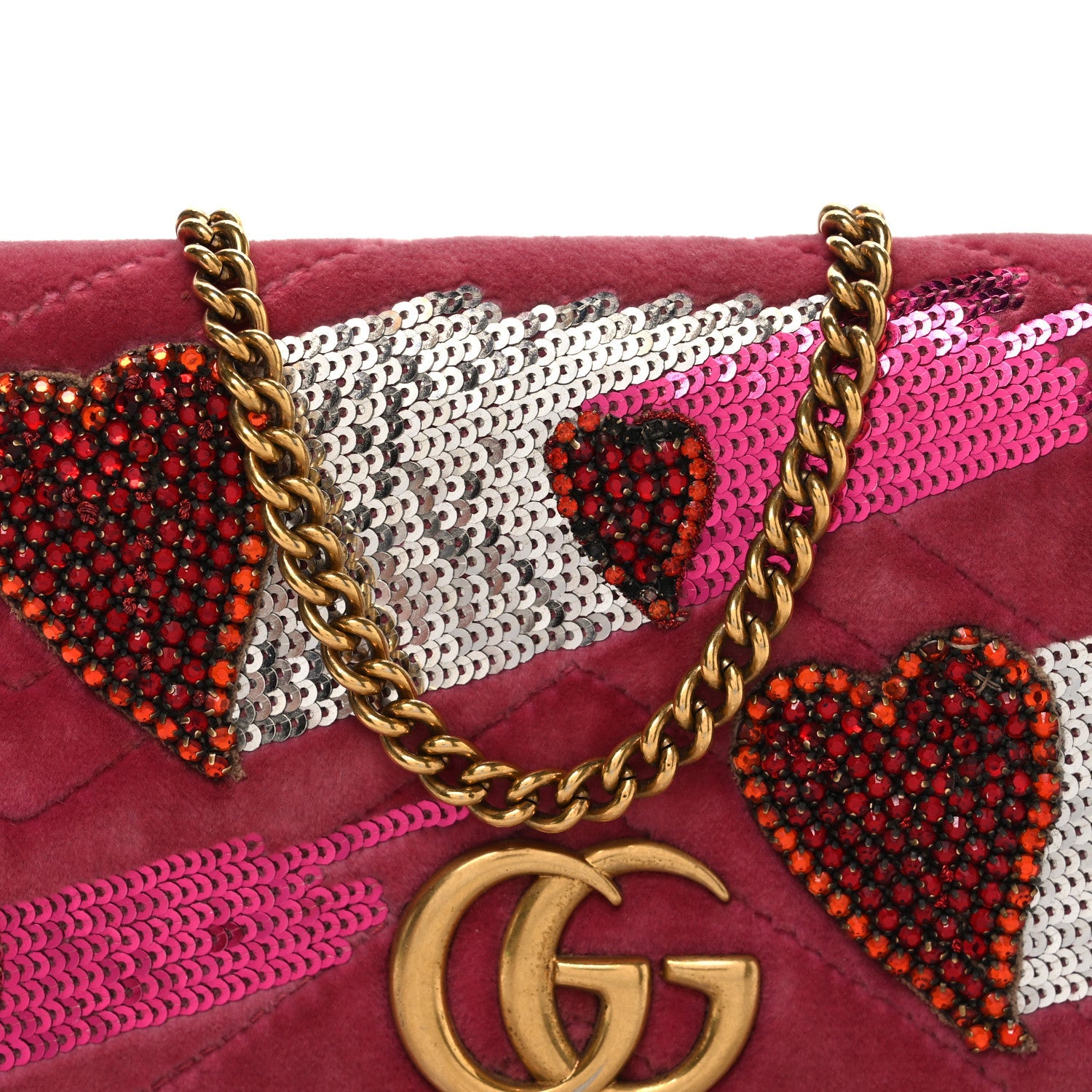 Gucci Velvet Matelasse Crystal Sequin Heart Embroidered GG Marmont Mini Bag Light Raspberry Rose