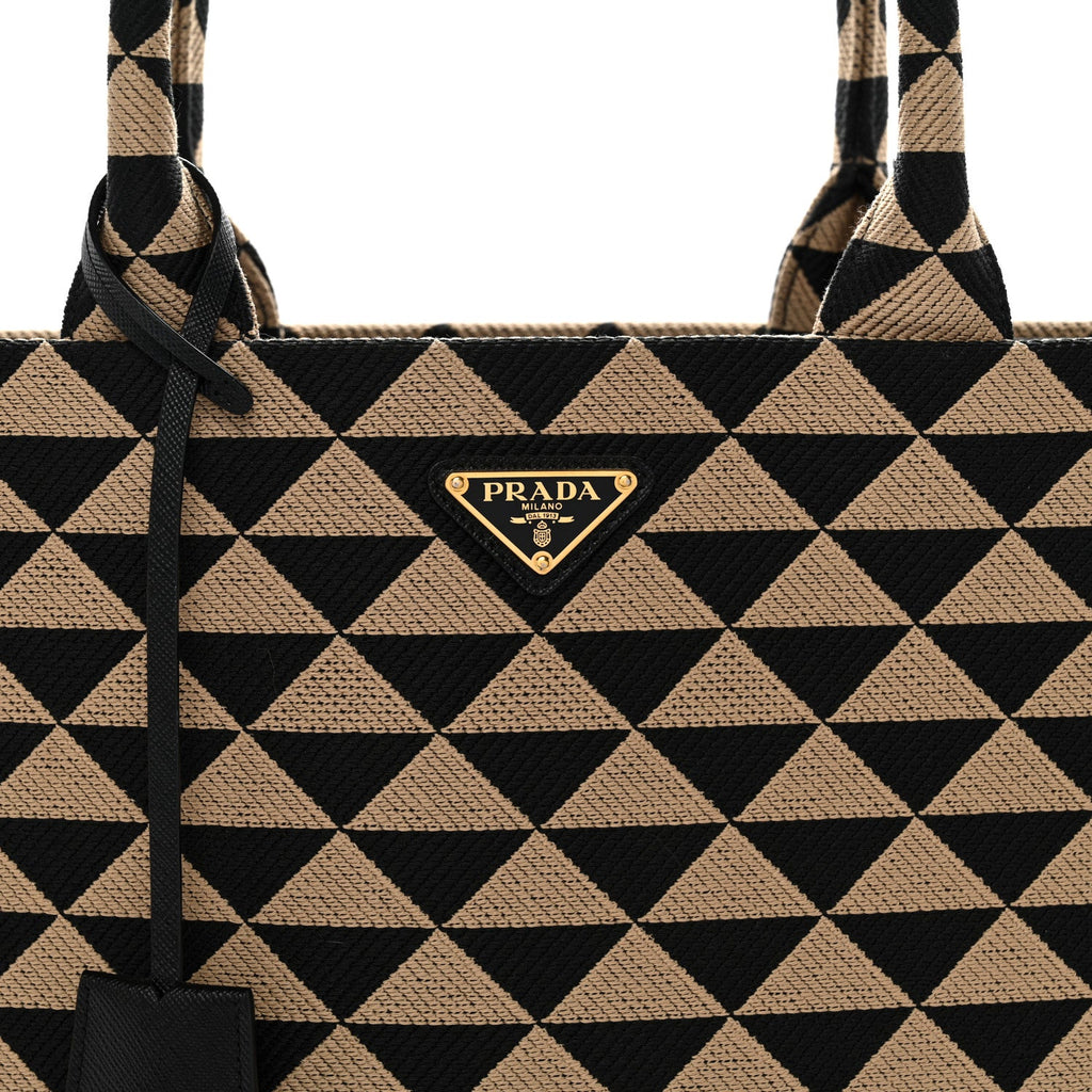 Prada Jacquard Saffiano Triangolo Symbole Embroidered Large Tote Black Corda