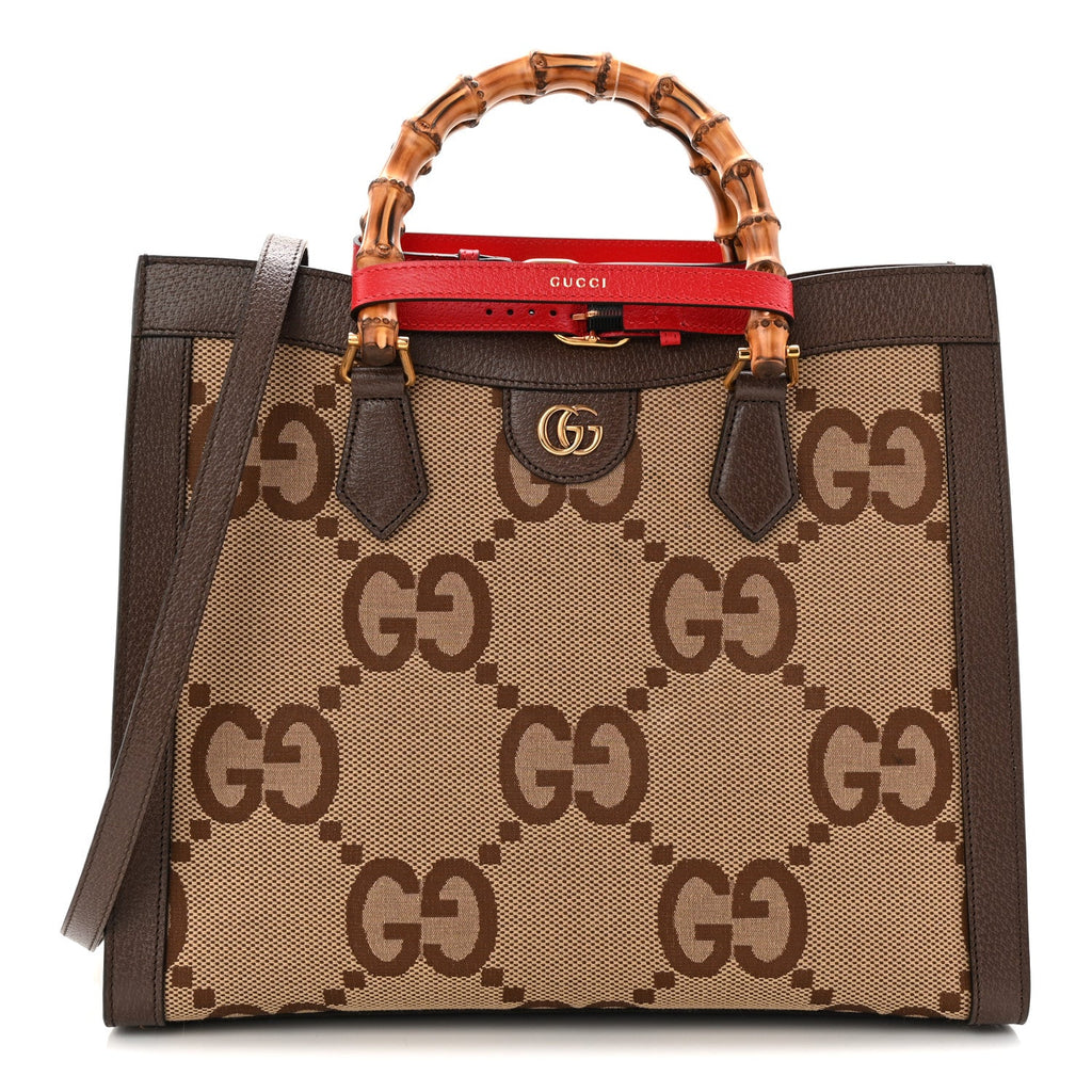 Gucci Monogram Jumbo GG Textured Dollar Calfskin Medium Diana Tote Bag Camel Ebony New Acero Pomegranate Red
